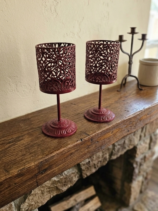 Unbranded Other - Set of Two Metal Ornate Pedestal Large Candle Holder Marroon Dark Red EUC